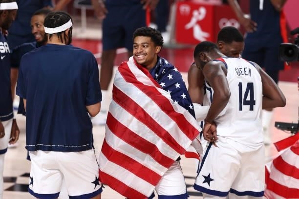 Keldon Johnson of the USA Men's National Team smiles after the game against the France Men's National Team during the Gold Medal Game of the 2020...