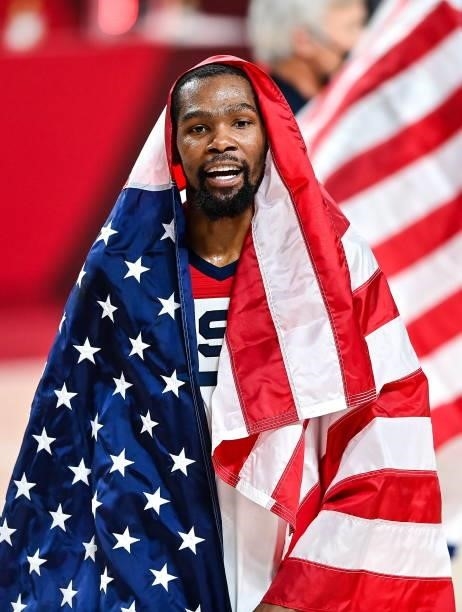 Tokyo , Japan - 7 August 2021; Kevin Durant of USA celebrates after the men's gold medal match between the USA and France at the Saitama Super Arena...