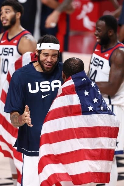 JaVale McGee of the USA Men's National Team smiles after the game against the France Men's National Team during the Gold Medal Game of the 2020 Tokyo...