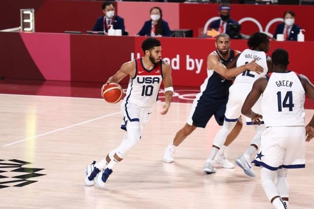 Jayson Tatum of the USA Men's National Team drives to the basket during the game against the France Men's National Team during the Gold Medal Game of...