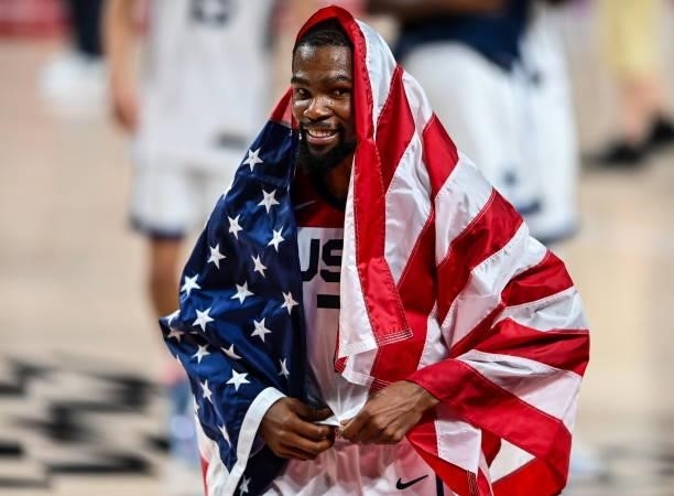 Tokyo , Japan - 7 August 2021; Kevin Durant of USA celebrates after the men's gold medal match between the USA and France at the Saitama Super Arena...