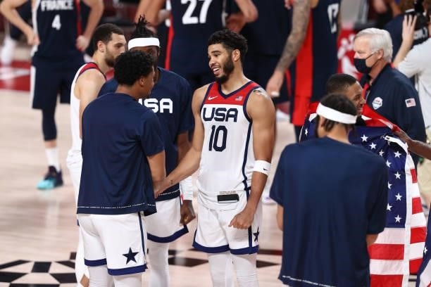 Jayson Tatum of the USA Men's National Team smiles after the game against the France Men's National Team during the Gold Medal Game of the 2020 Tokyo...