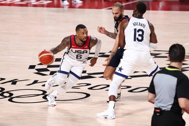 Damian Lillard of the USA Men's National Team drives to the basket during the game against the France Men's National Team during the Gold Medal Game...