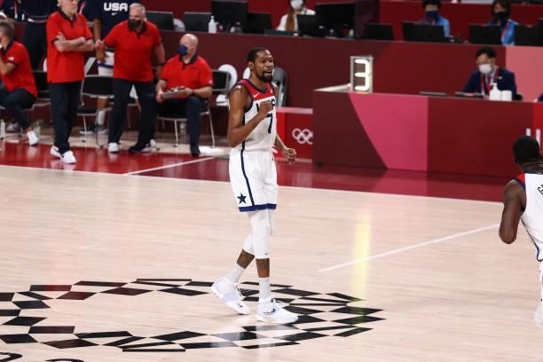 Kevin Durant of the USA Men's National Team celebrates during the game against the France Men's National Team during the Gold Medal Game of the 2020...