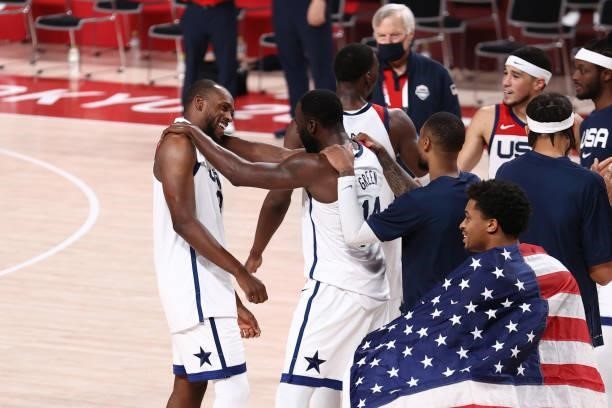 Khris Middleton of the USA Men's National Team celebrates after the game against the France Men's National Team during the Gold Medal Game of the...