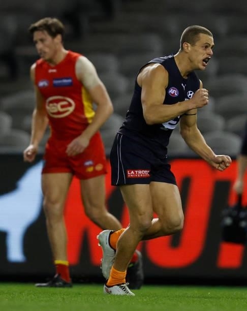 Ed Curnow of the Blues in celebrates during the 2021 AFL Round 21 match between the Carlton Blues and the Gold Coast Suns at Marvel Stadium on August...
