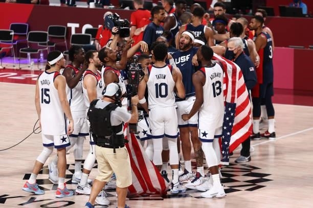The USA Men's National Team celebrates after the game against the France Men's National Team during the Gold Medal Game of the 2020 Tokyo Olympics on...