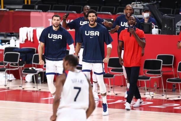 Jayson Tatum of the USA Men's National Team and teammates celebrate during the game against the France Men's National Team during the Gold Medal Game...