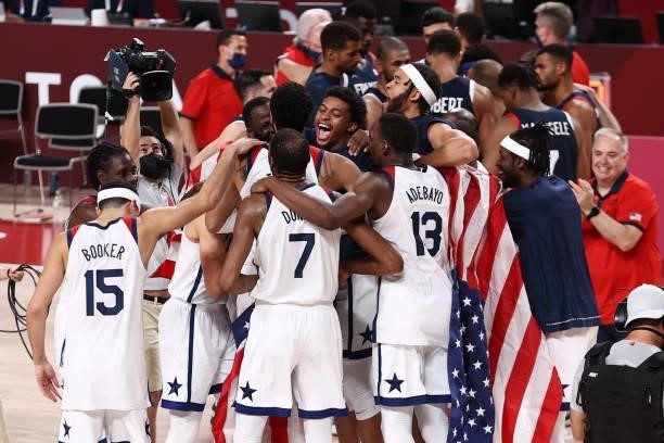 The USA Men's National Team celebrates after the game against the France Men's National Team during the Gold Medal Game of the 2020 Tokyo Olympics on...