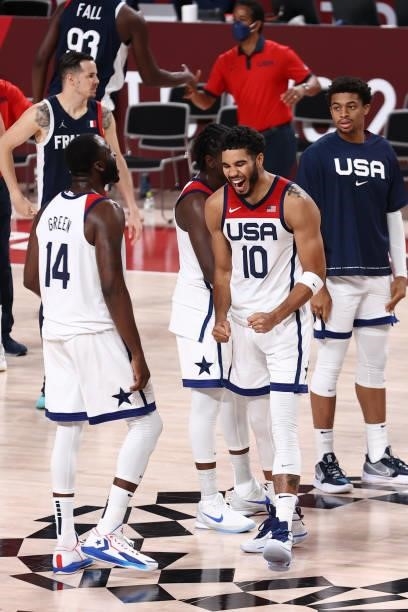 Jayson Tatum of the USA Men's National Team celebrates after the game against the France Men's National Team during the Gold Medal Game of the 2020...