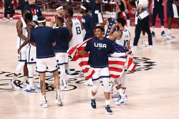 Keldon Johnson of the USA Men's National Team celebrates after the game against the France Men's National Team during the Gold Medal Game of the 2020...
