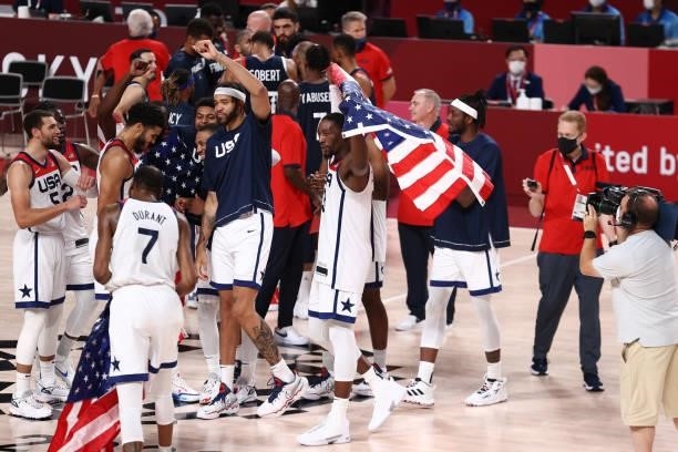 Bam Adebayo of the USA Men's National Team celebrates with teammates after the game against the France Men's National Team during the Gold Medal Game...