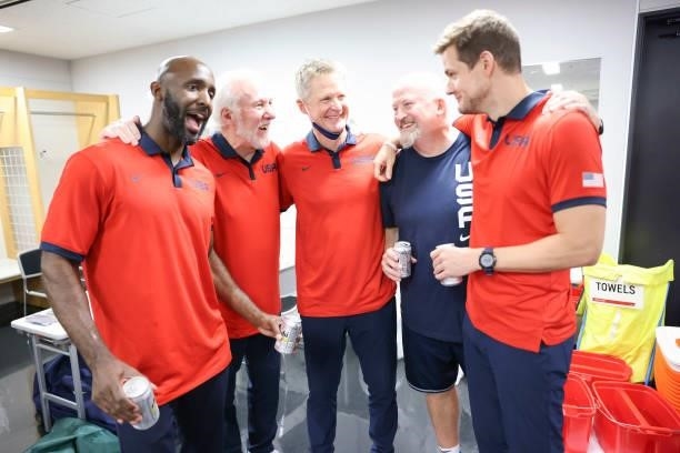 Assistant Coach Lloyd Pierce of the USA Men's National Team, Head Coach Gregg Popovich of the USA Men's National Team, Assistant Coach Steve Kerr of...