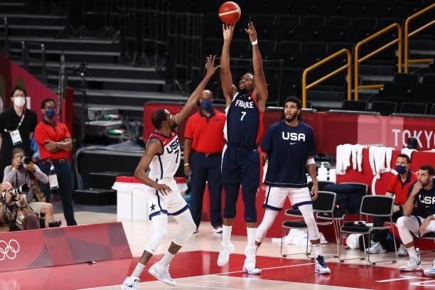 Guerschon Yabusele of the France Men's National Team shoots the ball during the game /aus during the Gold Medal Game of the 2020 Tokyo Olympics on...