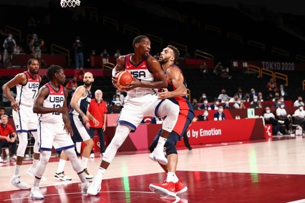 Bam Adebayo of the USA Men's National Team rebounds the ball against the France Men's National Team during the Gold Medal Game of the 2020 Tokyo...