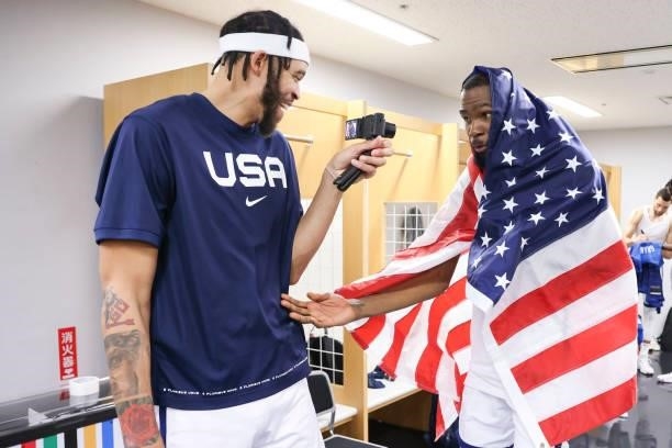 JaVale McGee of the USA Men's National Team and Kevin Durant of the USA Men's National Team celebrate after defeating the France Men's National Team...