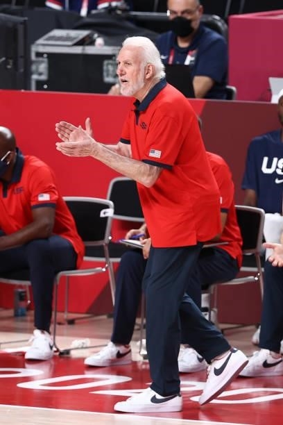 Head Coach Gregg Popovich of the USA Men's National Team cheers during the game against the France Men's National Team during the Gold Medal Game of...