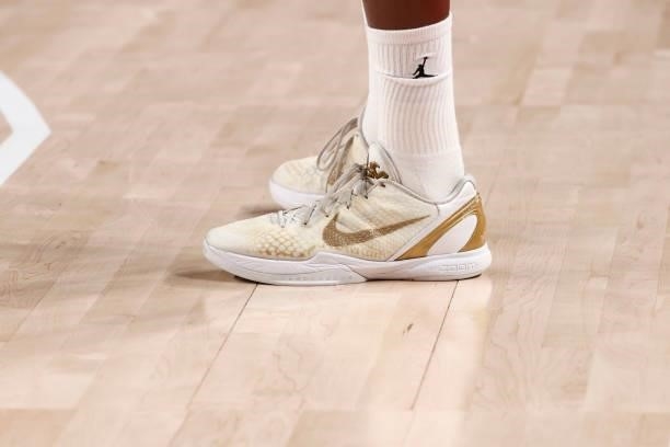 The sneakers worn by Frank Ntilikina of the France Men's National Team during the Gold Medal Game of the 2020 Tokyo Olympics at the Saitama Super...