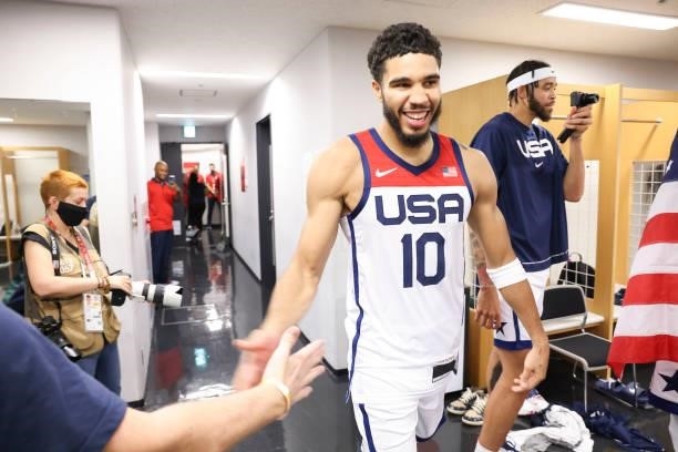 Jayson Tatum of the USA Men's National Team celebrates after defeating the France Men's National Team to win the Gold Medal Game of the 2020 Tokyo...