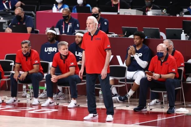 Head Coach Gregg Popovich of the USA Men's National Team looks on during the game against the France Men's National Team during the Gold Medal Game...