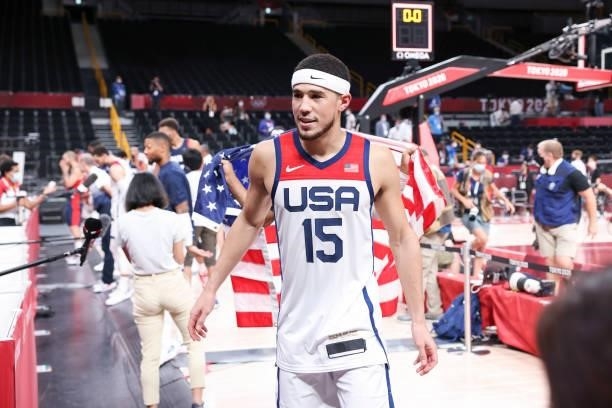 Devin Booker of the USA Men's National Team celebrates after defeating the France Men's National Team to win the Gold Medal Game of the 2020 Tokyo...