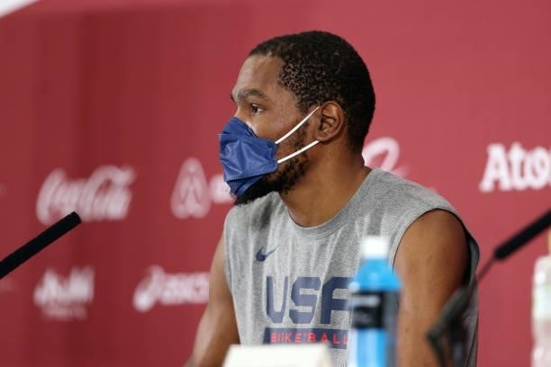 Kevin Durant of the USA Men's National Team is interviewed after the game against the France Men's National Team during the Gold Medal Game of the...