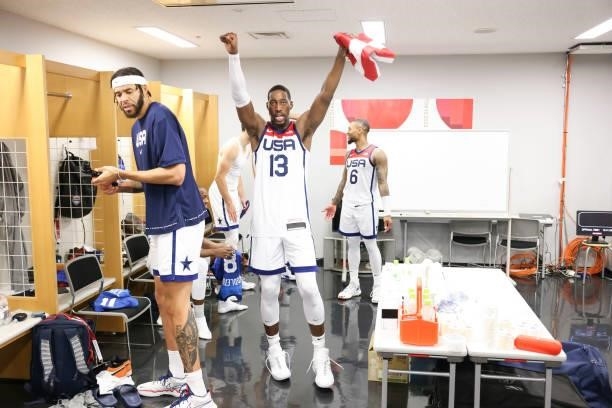 Bam Adebayo of the USA Men's National Team celebrates after defeating the France Men's National Team to win the Gold Medal Game of the 2020 Tokyo...