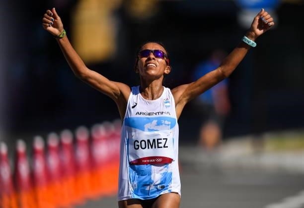 Hokkaido , Japan - 7 August 2021; Cristina Marcela Gomez of Argentina crosses the finish line in 61st place in the women's marathon at Sapporo Odori...