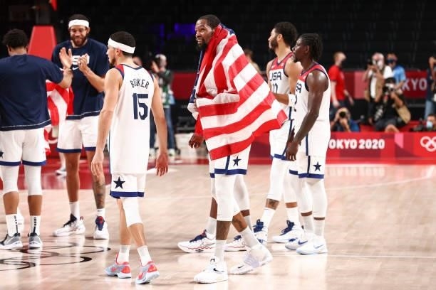 Kevin Durant of the USA Men's National Team celebrates after defeating the France Men's National Team to win the Gold Medal Game of the 2020 Tokyo...