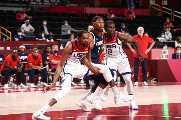 Kevin Durant of the USA Men's National Team, Guerschon Yabusele of the France Men's National Team and Jrue Holiday of the USA Men's National Team...