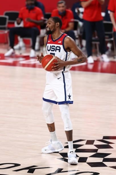 Kevin Durant of the USA Men's National Team smiles during the game against the France Men's National Team during the Gold Medal Game of the 2020...
