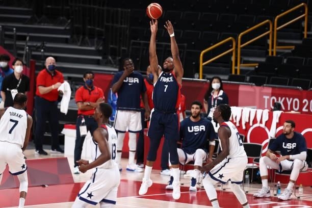 Guerschon Yabusele of the France Men's National Team shoots the ball during the game against the USA Men's National Team during the Gold Medal Game...