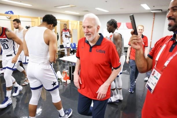 Head Coach Gregg Popovich of the USA Men's National Team celebrates after defeating the France Men's National Team to win the Gold Medal Game of the...
