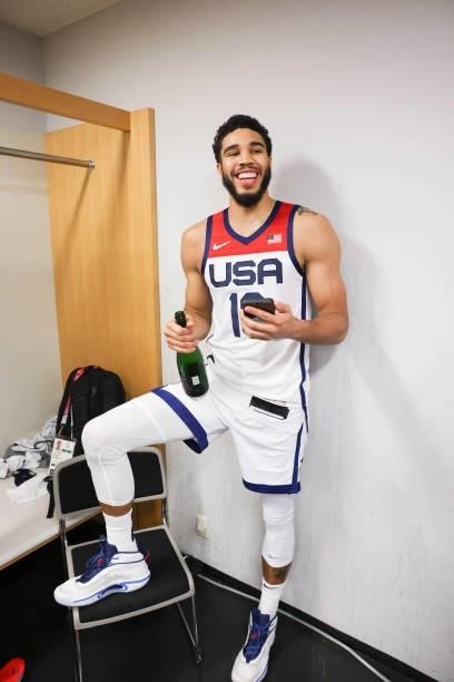 Jayson Tatum of the USA Men's National Team celebrates after defeating the France Men's National Team to win the Gold Medal Game of the 2020 Tokyo...