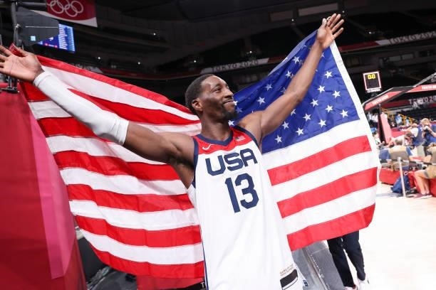 Bam Adebayo of the USA Men's National Team celebrates after defeating the France Men's National Team to win the Gold Medal Game of the 2020 Tokyo...