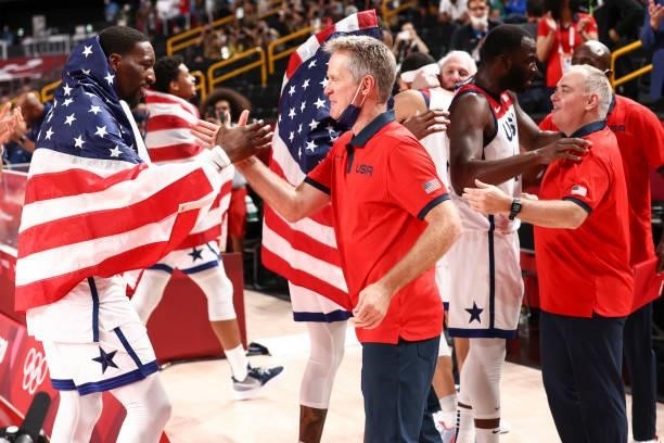 Bam Adebayo of the USA Men's National Team high fives Assistant Coach Steve Kerr of the USA Men's National Team after defeating the France Men's...
