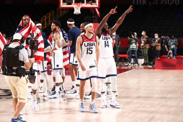 Devin Booker of the USA Men's National Team and Draymond Green of the USA Men's National Team celebrate after defeating the France Men's National...