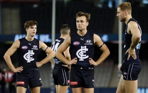 Lochie O'Brien of the Blues looks dejected after a loss during the 2021 AFL Round 21 match between the Carlton Blues and the Gold Coast Suns at...