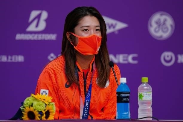 Silver medallist Japan's Mone Inami speaks during a press conference after the victory ceremony of the womens golf individual stroke play during the...