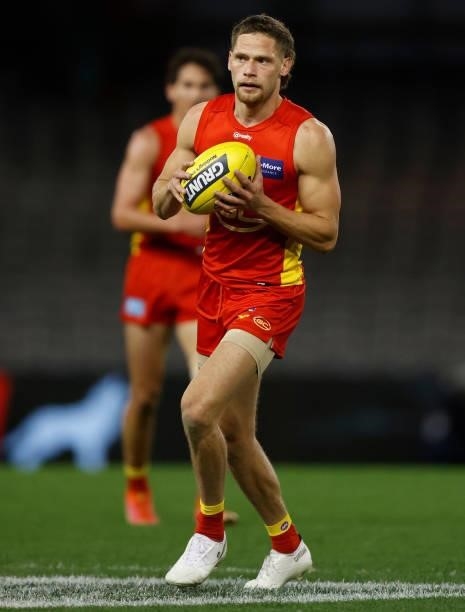 Jy Farrar of the Suns in action during the 2021 AFL Round 21 match between the Carlton Blues and the Gold Coast Suns at Marvel Stadium on August 7,...