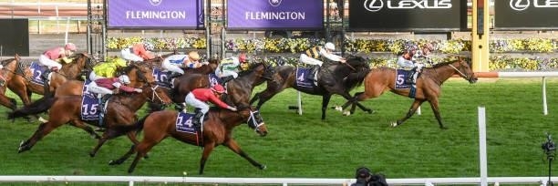 The Astrologist ridden by Damien Thornton wins the World Horse Racing Aurie's Star Handicap at Flemington Racecourse on August 07, 2021 in...