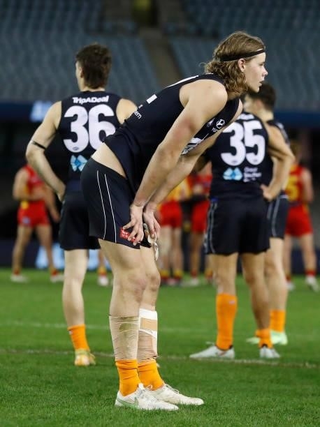 Tom De Koning of the Blues looks dejected after a loss during the 2021 AFL Round 21 match between the Carlton Blues and the Gold Coast Suns at Marvel...