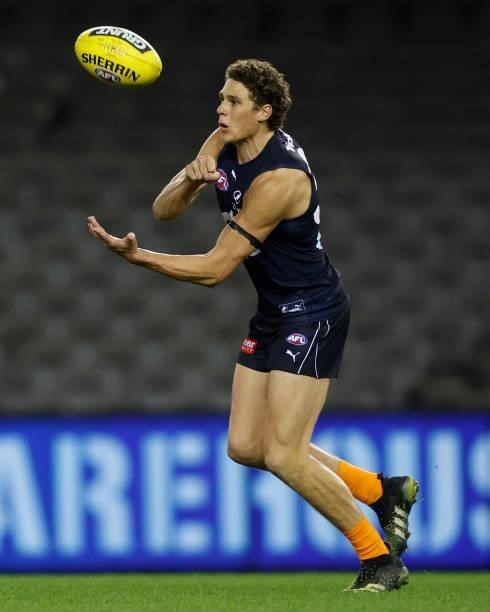 Charlie Curnow of the Blues in action during the 2021 AFL Round 21 match between the Carlton Blues and the Gold Coast Suns at Marvel Stadium on...