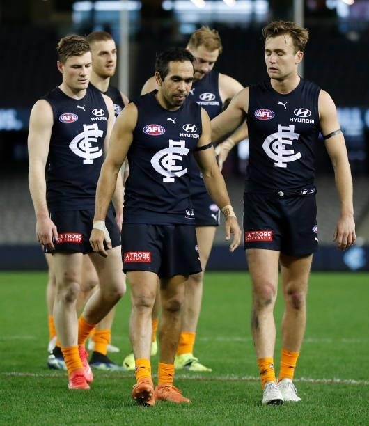 Eddie Betts and Lochie O'Brien of the Blues look dejected after a loss during the 2021 AFL Round 21 match between the Carlton Blues and the Gold...