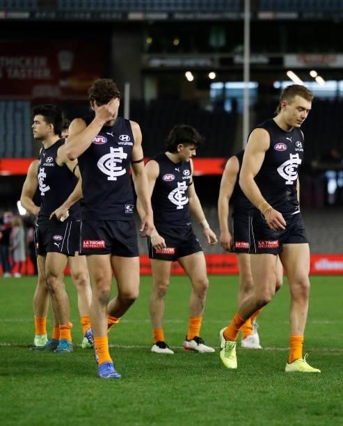 Patrick Cripps of the Blues looks dejected after a loss during the 2021 AFL Round 21 match between the Carlton Blues and the Gold Coast Suns at...