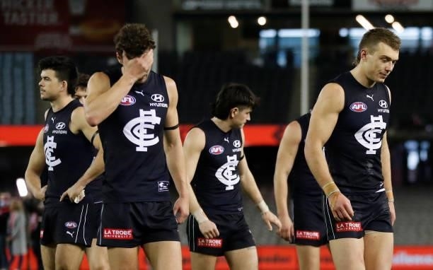 Patrick Cripps of the Blues looks dejected after a loss during the 2021 AFL Round 21 match between the Carlton Blues and the Gold Coast Suns at...