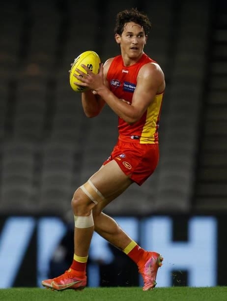 Wil Powell of the Suns in action during the 2021 AFL Round 21 match between the Carlton Blues and the Gold Coast Suns at Marvel Stadium on August 7,...