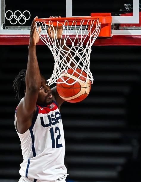Tokyo , Japan - 7 August 2021; Jrue Holiday of USA dunks the ball during the men's gold medal match between the USA and France at the Saitama Super...