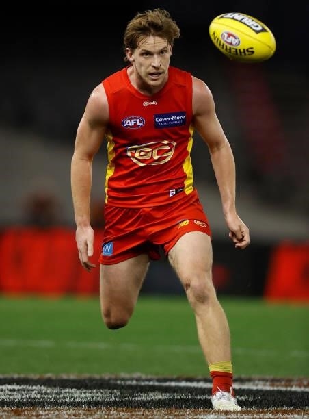 Noah Anderson of the Suns in action during the 2021 AFL Round 21 match between the Carlton Blues and the Gold Coast Suns at Marvel Stadium on August...