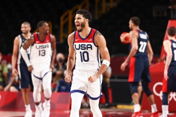 Jayson Tatum of the USA Men's National Team reacts to a play during the Gold Medal Game of the 2020 Tokyo Olympics at the Saitama Super Arena on...